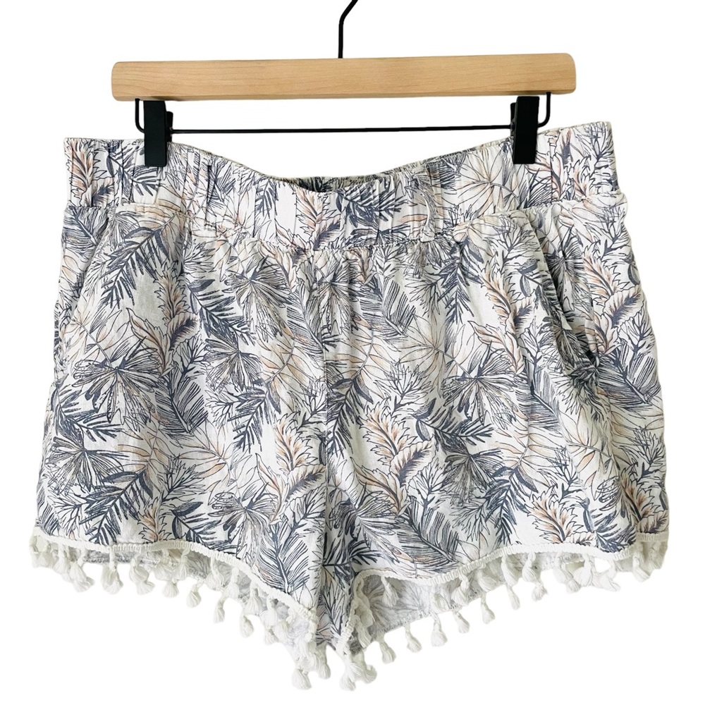 REWASH Linen Shorts Botanical Palm Print White Tassel XL